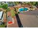 Backyard aerial view, showcasing lush landscaping, a sparkling pool, and an charming outbuilding at 8370 Unicorn St, Las Vegas, NV 89131
