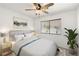 Virtually staged bedroom with plush bedding, modern nightstands, and a decorative wall painting at 388 Coronado Dr, Henderson, NV 89015