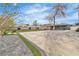 A spacious concrete backyard area next to a well-maintained lawn, a tree, and a basketball hoop at 5700 N Torrey Pines Dr, Las Vegas, NV 89130