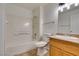 Full bathroom with tub/shower combo, single sink vanity, and tile flooring at 3318 N Decatur Blvd # 2138, Las Vegas, NV 89130