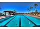 Resort-style pool with covered lounge area and palm trees offering a luxurious community amenity at 677 Viale Machiavelli Ln, Henderson, NV 89011