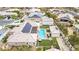 Overhead shot showing solar panels, a lush backyard, and blue swimming pool at 8369 Eagle Estates Ct, Las Vegas, NV 89131