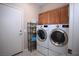 Laundry room with washer, dryer, shelving, and cabinets at 1074 Wagon Trl, Mesquite, NV 89034
