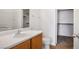 Bright bathroom featuring a vanity with wood cabinets and a walk-in closet at 6234 Pangea Ave, Las Vegas, NV 89139