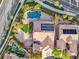 Aerial view of a home showcasing a pool, lush landscaping, and tile roof at 11730 Stonewall Springs Ave, Las Vegas, NV 89138