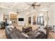 Open living space featuring a fireplace, large leather couch, and coffered ceiling at 4775 N Tee Pee Ln, Las Vegas, NV 89129