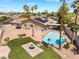 Aerial view showcasing a desert home with a pool, solar panels, and landscaped backyard at 5217 Cold River Ave, Las Vegas, NV 89130