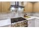 Close-up of updated stainless steel stove with black range hood, wood cabinets, and white backsplash at 8645 Edmond St, Las Vegas, NV 89139