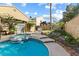 Relaxing outdoor space featuring a pool, spa, and lush greenery, ideal for enjoying sunny days and calm evenings at 2163 Fountain Springs Dr, Henderson, NV 89074