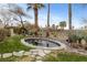 Backyard spa with rock accents, surrounded by lush landscaping and mature palm trees at 2822 Soft Horizon Way, Las Vegas, NV 89135