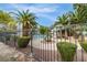 Community pool area with palm trees and well-maintained landscaping, seen through decorative black fence at 5130 Mandalay Springs Dr # 102, Las Vegas, NV 89120