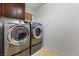 Modern laundry room features a side-by-side washer and dryer and dark cabinets above at 6909 Forest Gate St, North Las Vegas, NV 89084