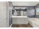 Well-appointed bathroom with double sinks, a soaking tub, and modern lighting at 232 Dog Leg Dr, Las Vegas, NV 89148