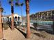 Community pool area with palm trees, fencing, and neighboring apartments in the background at 4561 Woolcomber St, Las Vegas, NV 89115