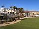 Outdoor community space with palm trees, artificial turf, and seating area at 4561 Woolcomber St, Las Vegas, NV 89115