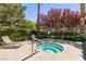 Hot tub surrounded by lounge chairs, mature landscaping and an iron fence at 8224 Opal Falls St, North Las Vegas, NV 89085