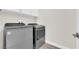 Laundry area showcases new, gray Whirlpool washer and dryer units and white cabinetry at 9176 Bluebell Knoll Ct, Las Vegas, NV 89178