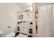 Well-lit bathroom featuring a vanity with a sink, decorative mirror, and a shower, complemented by wood-look flooring at 1830 N Pecos Rd # 137, Las Vegas, NV 89115