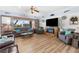 Spacious living room featuring wood-look flooring, comfortable seating, a fireplace, and backyard views at 2606 Crested Butte St, Henderson, NV 89052