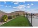 Landscaped backyard with lush green lawn, mature plants, and a view of the majestic mountain backdrop at 3000 Raywood Ash Dr, Las Vegas, NV 89138