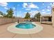 Backyard oasis with pool, spa, patio area, string lights, trampoline, and perimeter block wall at 5107 Morning Splash Ave, Las Vegas, NV 89131
