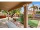 Covered patio overlooking a serene backyard with lush greenery and mature trees at 8851 Quintane Ln, Las Vegas, NV 89123