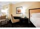 Hotel room with desk, chair, and soft armchair near bed with city view at 2000 N Fashion Show Dr # 4301, Las Vegas, NV 89109