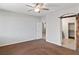 Spacious bedroom features carpet, ceiling fan, recessed lights and access to bath and closet at 2091 Hunt Woods Ct, Laughlin, NV 89029