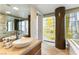 Modern bathroom with a soaking tub, vessel sink, and a large window offering stunning city views at 3722 Las Vegas Blvd # 1908, Las Vegas, NV 89158