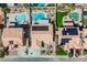 Detailed overhead view of multiple backyards each featuring a pool and desert landscaping at 3961 Equinox Ct, Las Vegas, NV 89147