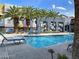 Community pool with lounge chairs surrounded by decorative walls and lush palm trees at 9050 W Tropicana Ave # 1009, Las Vegas, NV 89147