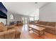 Spacious living room featuring wood floors, fireplace, neutral walls, and access to the backyard at 1010 Armillaria St, Henderson, NV 89011