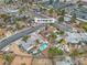 Birds-eye view of a cozy home featuring a private backyard pool, surrounded by lush greenery and neighborhood charm at 14 Page St, Las Vegas, NV 89110