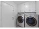 Functional laundry room equipped with modern washer and dryer units and storage cabinets at 1403 Bareback Ct, Henderson, NV 89014