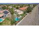 Aerial view of the home shows the pool, outdoor kitchen, backyard and solar panels at 2073 Sapphire Valley Ave, Henderson, NV 89074