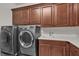 Efficient laundry room equipped with modern washer, dryer, sink and plenty of cabinet storage above the counter space at 8393 Canyon Crevasse St, Las Vegas, NV 89166