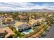 Aerial view featuring a backyard pool, seating area, lush grass, and a home's architecture at 8816 Saint Pierre Dr, Las Vegas, NV 89134