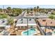 Aerial view showcases backyard oasis with pool, covered patio, gravel landscape, and mature shade trees at 2021 N Michael Way, Las Vegas, NV 89108