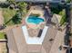 Aerial view of a home's backyard featuring a pool, patio, and mature landscaping at 9 Quail Run Rd, Henderson, NV 89014
