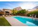 A backyard with a private pool, covered patio and nicely manicured trees and bushes at 1017 Fairbury St, Henderson, NV 89052
