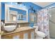 Bathroom featuring blue walls, a modern vanity, and a walk-in shower at 1229 Swanbrooke Dr, Las Vegas, NV 89144