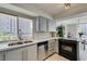 Kitchen featuring stainless steel appliances, grey cabinets, and natural light at 205 E Harmon Ave # 511, Las Vegas, NV 89169