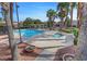 Community pool and spa area surrounded by palm trees, lounge chairs, and greenery at 5513 Nickel Ridge Way, Las Vegas, NV 89122