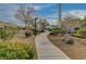 Landscaped community path with desert flora, trees, and hardscape at 687 Porchtown Ave, Las Vegas, NV 89183