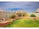 Spacious backyard featuring a well-maintained lawn, a partial retaining wall, and some young trees at 1163 Regal Lily Way, Las Vegas, NV 89123