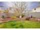 Backyard featuring lush grass, planter beds, a brick wall, and a small decorative bird house in a tree at 1163 Regal Lily Way, Las Vegas, NV 89123