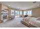 Bedroom featuring a modern fireplace, sliding glass doors, seating, and neutral color palette at 1377 Ruby Sky Ct, Henderson, NV 89052