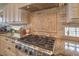 Close-up of the gourmet kitchen with a stainless steel stove and custom backsplash at 1377 Ruby Sky Ct, Henderson, NV 89052