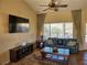 Living room features a ceiling fan, comfortable seating, and large windows at 2750 Sandalwood Ave, Henderson, NV 89074
