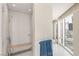 Modern shower with a built-in bench and subway tile surround; bathroom includes access to city views at 3750 Las Vegas Blvd # 3008, Las Vegas, NV 89158